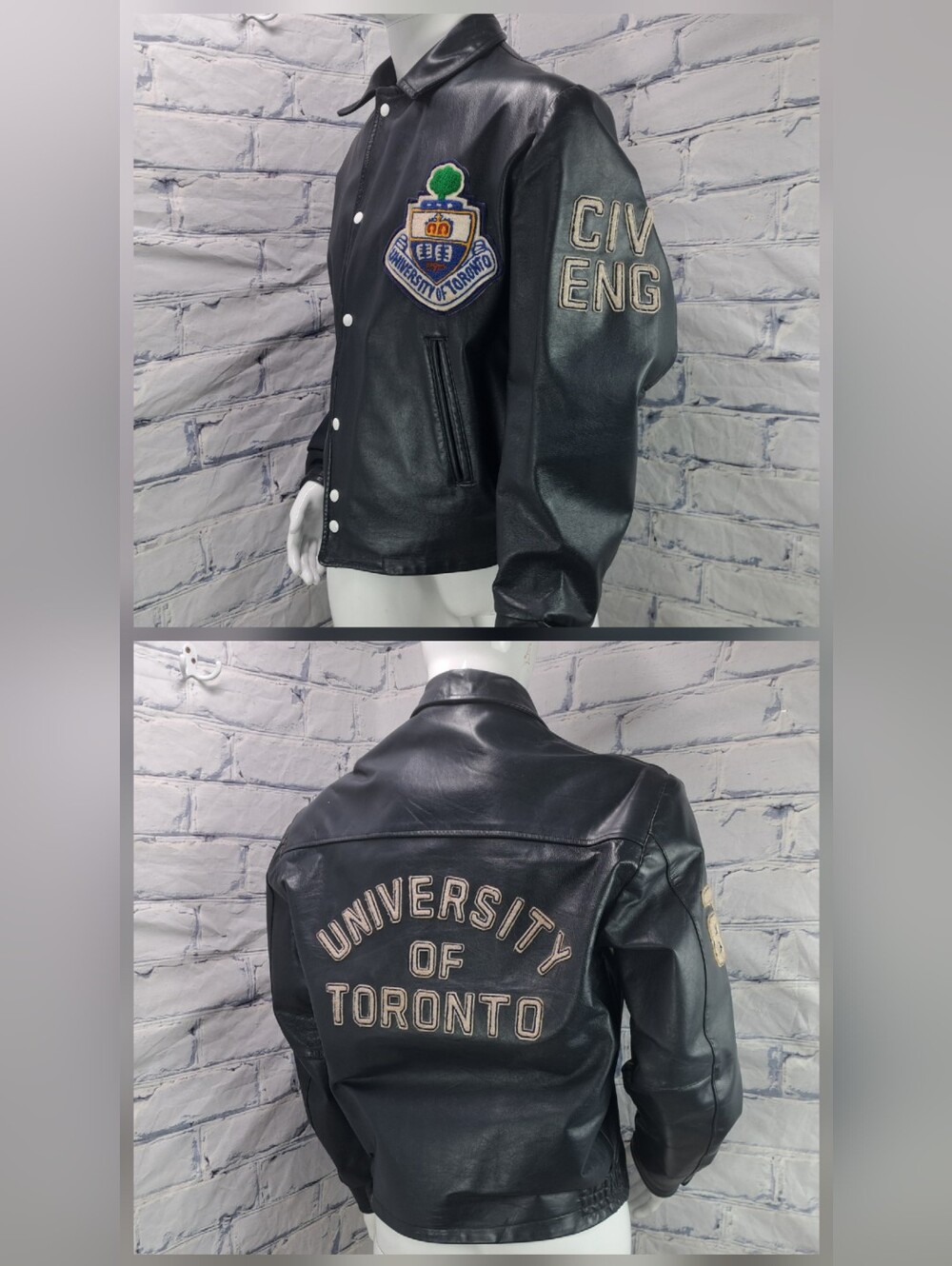 University of Toronto Vintage 1989 Leather Letterman Jacket Navy 44 Large Medium